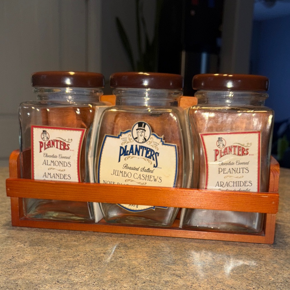 Vintage Planters Peanuts 3Set Glass Jars with Wooden Rack